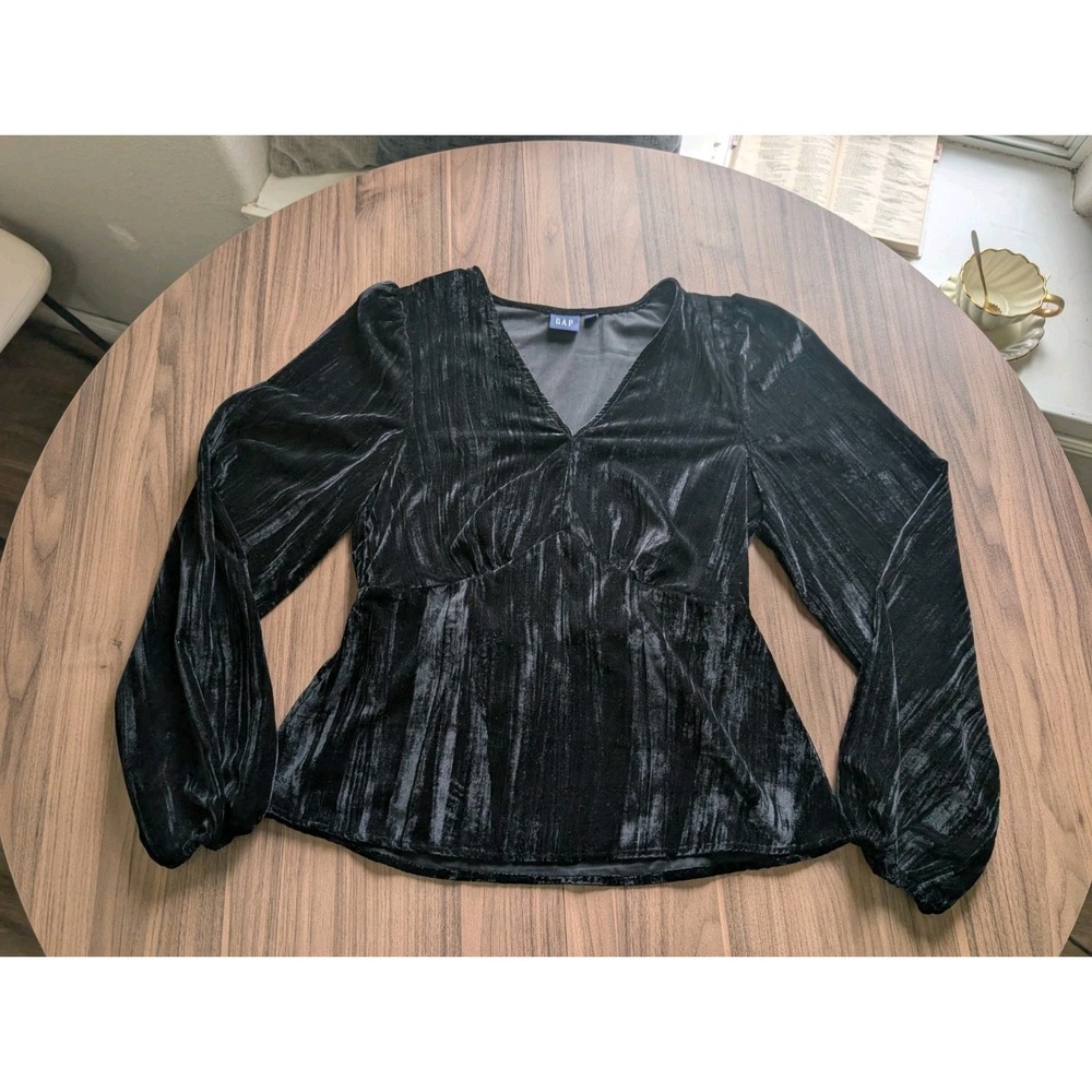 GAP Velvet Peplum Top S WomensTall Black Long Sleeve V Neck Holiday VintageInspo